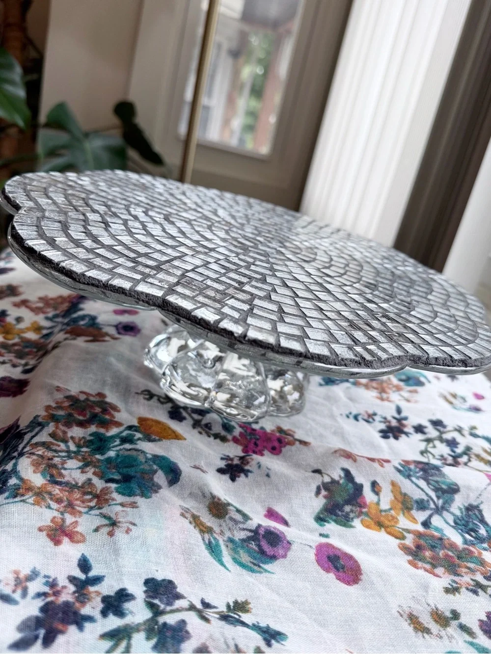 Glam Mosaic Glass Cake Stand Iridescent Pedestal Serving Tray